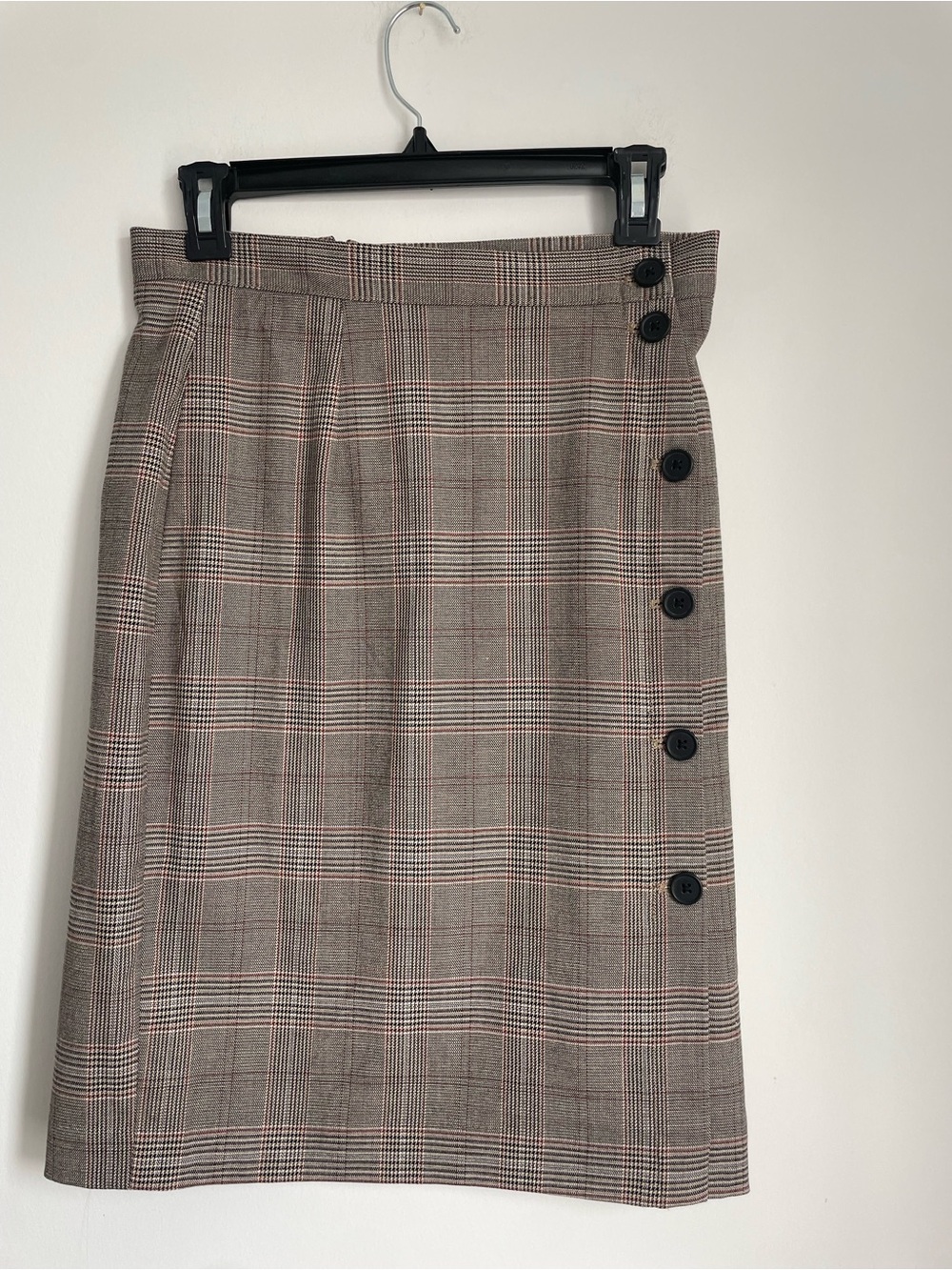 H&M Brown Plaid Midi Skirt with Side Buttons